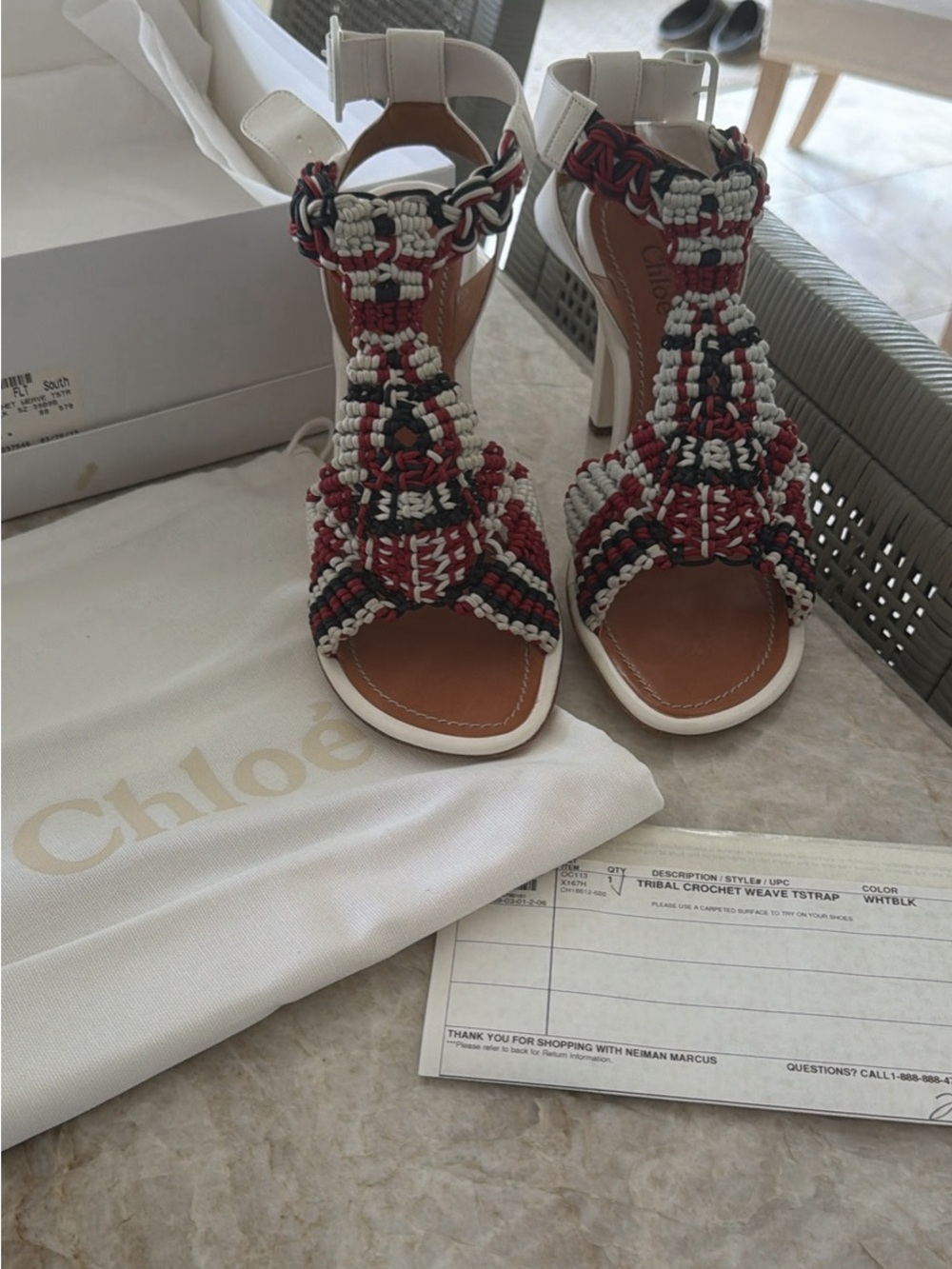 Chloe White, Red & Black Crochet T-Strap Heeled Sandals